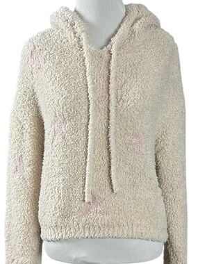 Kittenish Sherpa Crop Hoodie in Cream Pink Star Size Small Neutral Fall Boxy